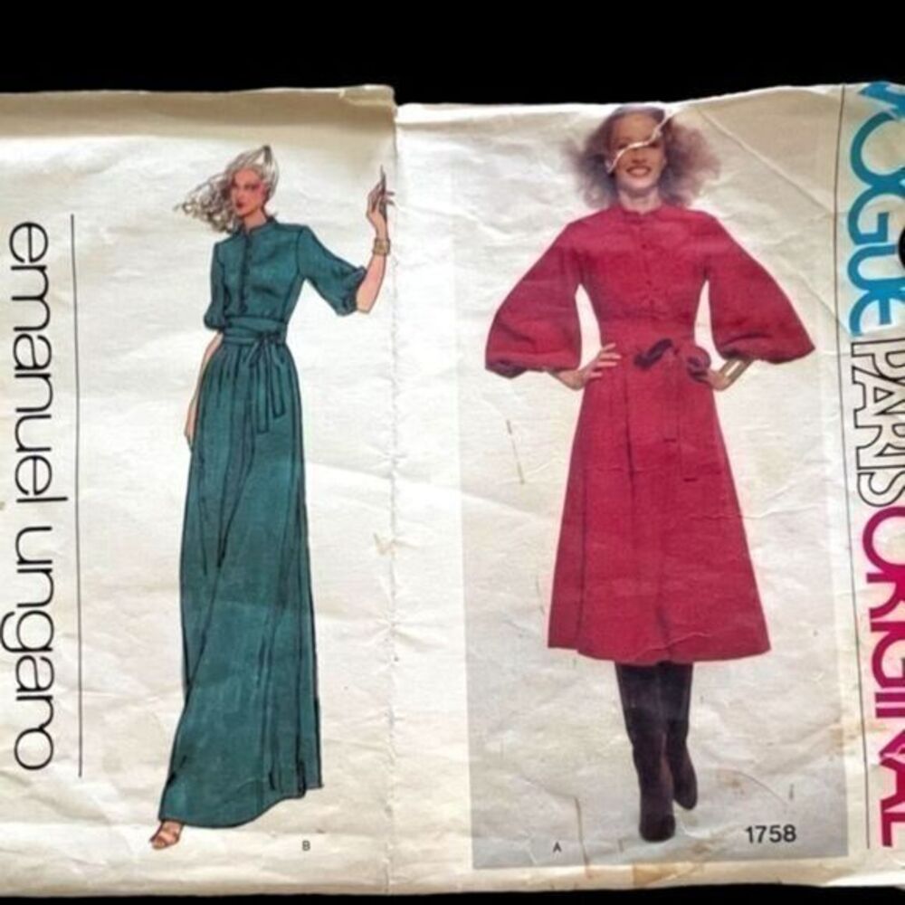 UNCUT 1978 Emanuel UNGARO VOGUE Paris Original 1758 Shirtdress Pattern Sz12 VTGE